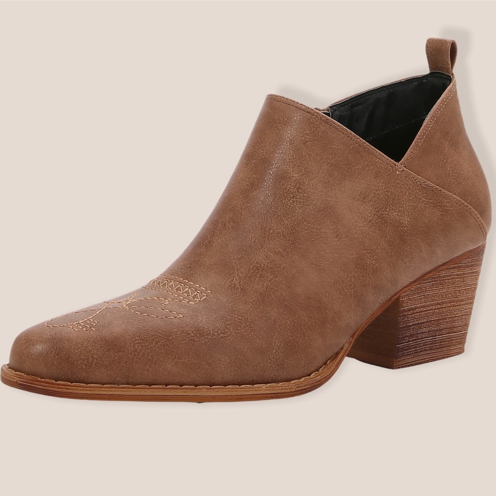 Brown Embroidery v cutout ankle booties
